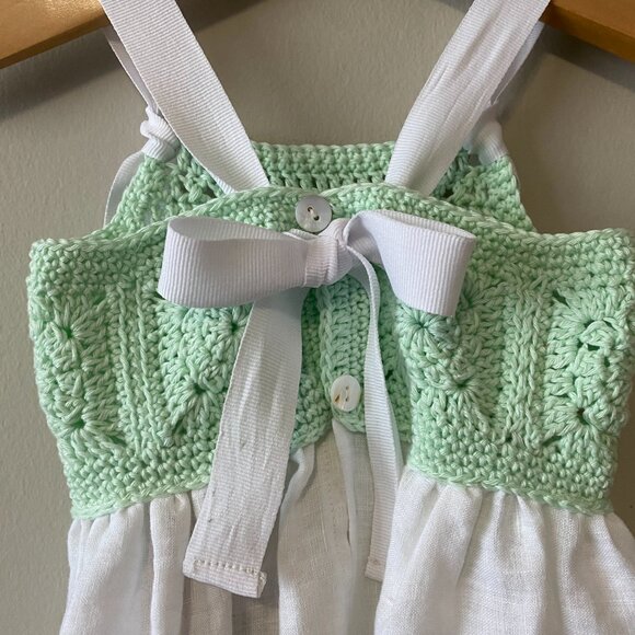 Handmade Baby Size 3 Months Green White Cotton Crochet Linen Bow Dress - Picture 9 of 14